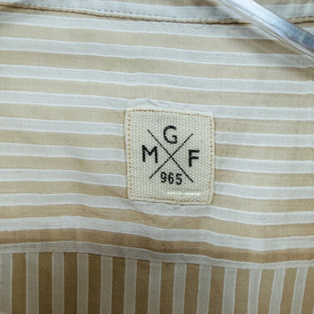 GMF 965 Mens Size 44 17.5 Striped Button Down Shirt Tan White Cotton Long Sleeve